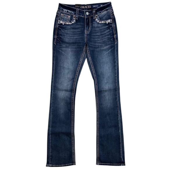 Grace in LA Women's Cactus Floral Embroidered Bootcut Stretch Jeans - Picture 2 of 4